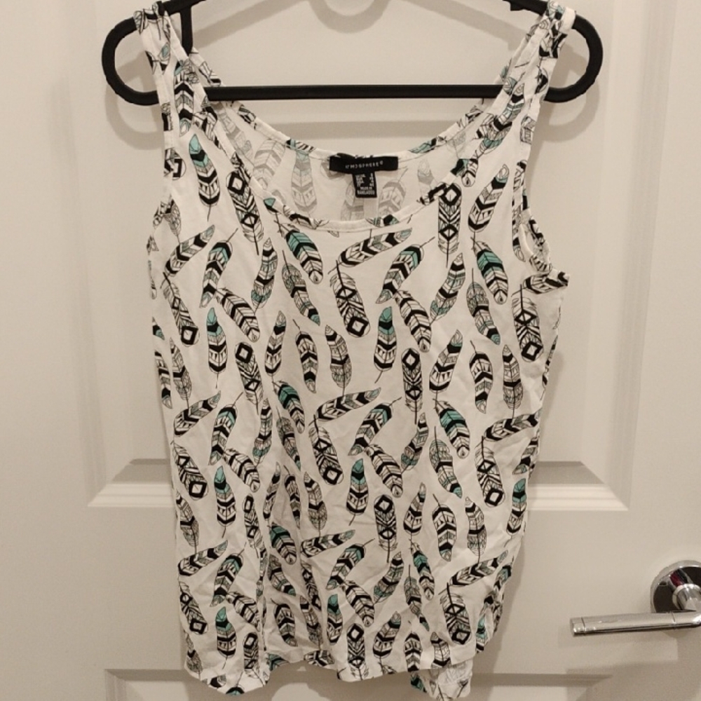 Atmosphere Feather Print Tank Top - White, Black, and Teal - Women's Size 4